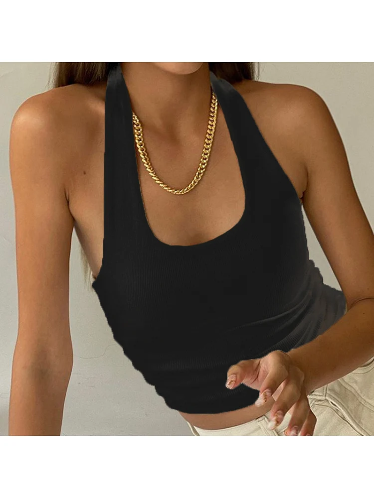 Prążkowana bluzka z odkrytymi plecami obcisła crop top Czarny