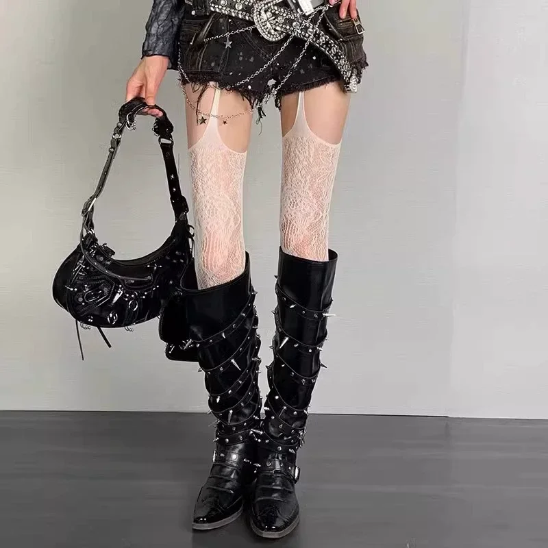 Rajstopy Lolita punk z kwiatowym wzorem - pończochy kabaretki z podwiązką Beżowy