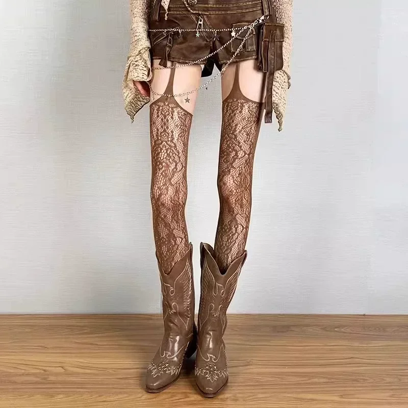 Rajstopy Lolita punk z kwiatowym wzorem - pończochy kabaretki z podwiązką Błękitny