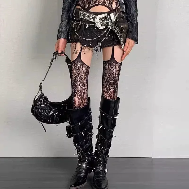 Rajstopy Lolita punk z kwiatowym wzorem - pończochy kabaretki z podwiązką Brązowy