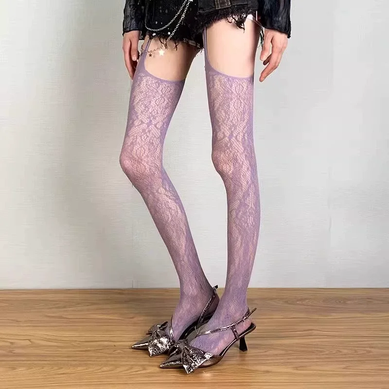 Rajstopy Lolita punk z kwiatowym wzorem - pończochy kabaretki z podwiązką Niebieski