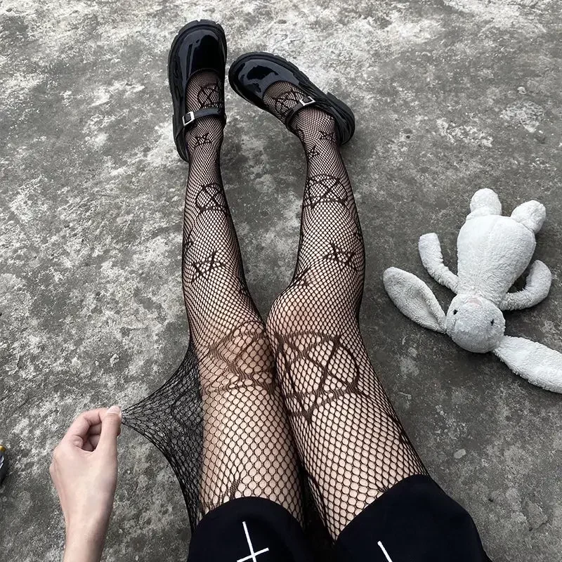 Rajstopy siateczkowe z pentagramem – styl gothic Lolita punk Beżowy