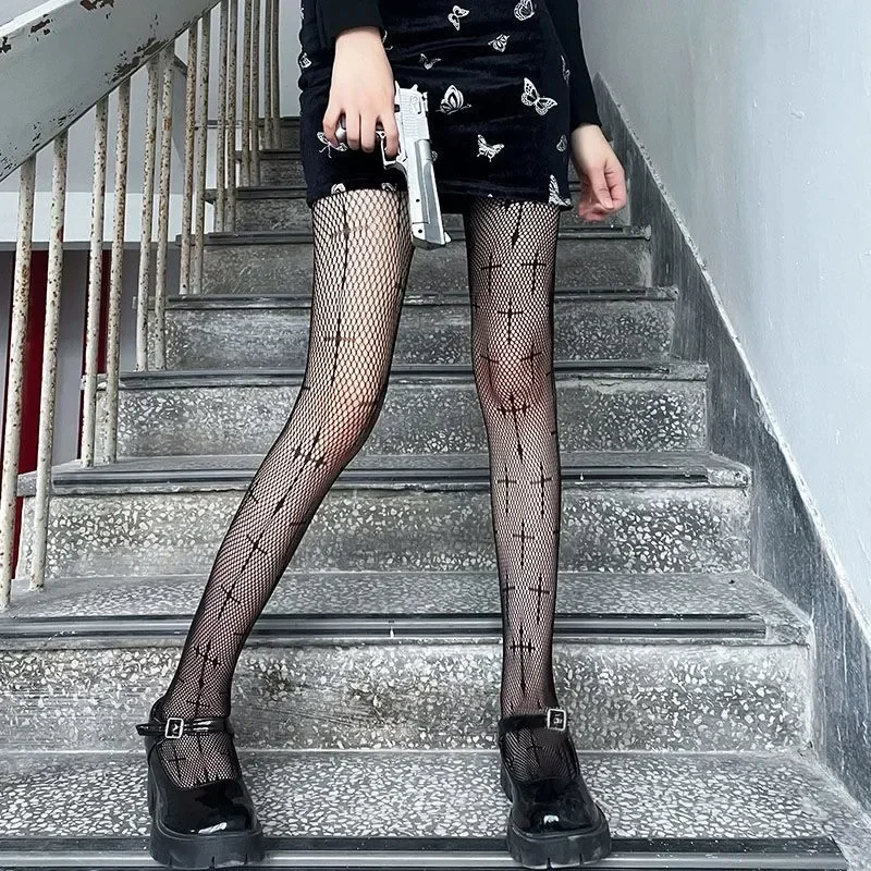 Rajstopy siateczkowe z pentagramem – styl gothic Lolita punk Ciemnoszary