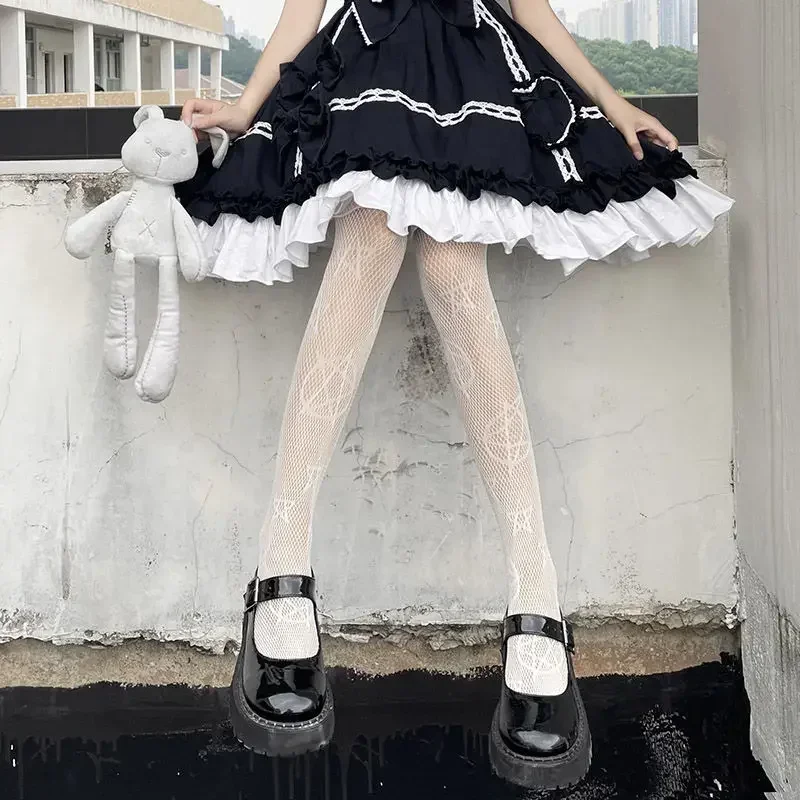 Rajstopy siateczkowe z pentagramem – styl gothic Lolita punk Czarny