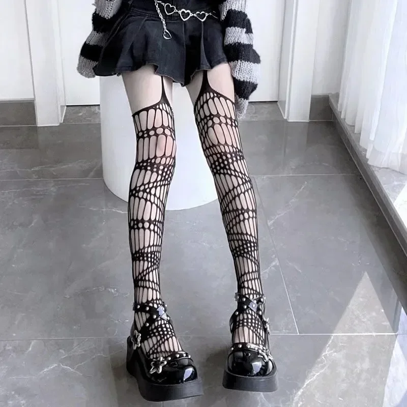 Rajstopy siateczkowe z pentagramem – styl gothic Lolita punk Czerwony