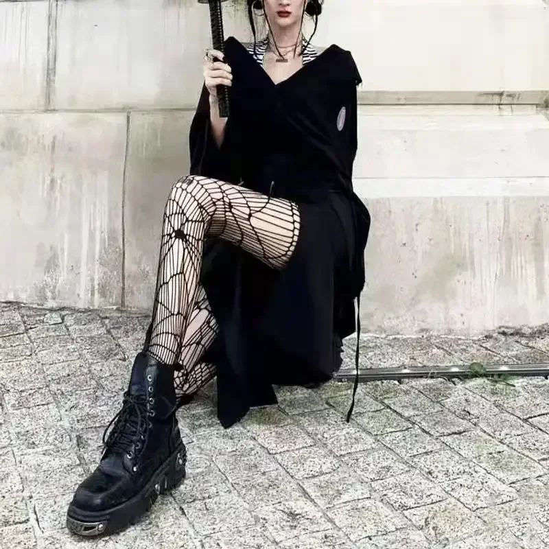 Rajstopy siateczkowe z pentagramem – styl gothic Lolita punk Khaki