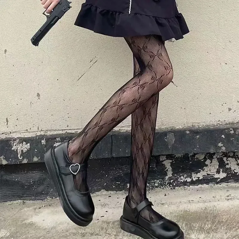 Rajstopy siateczkowe z pentagramem – styl gothic Lolita punk Szary