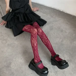 Rajstopy siatkowe Y2K Gothic z kwiatowym wzorem Beżowy