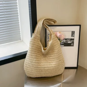 Rattanowa torba plażowa na ramię — duża i pojemna Beżowy