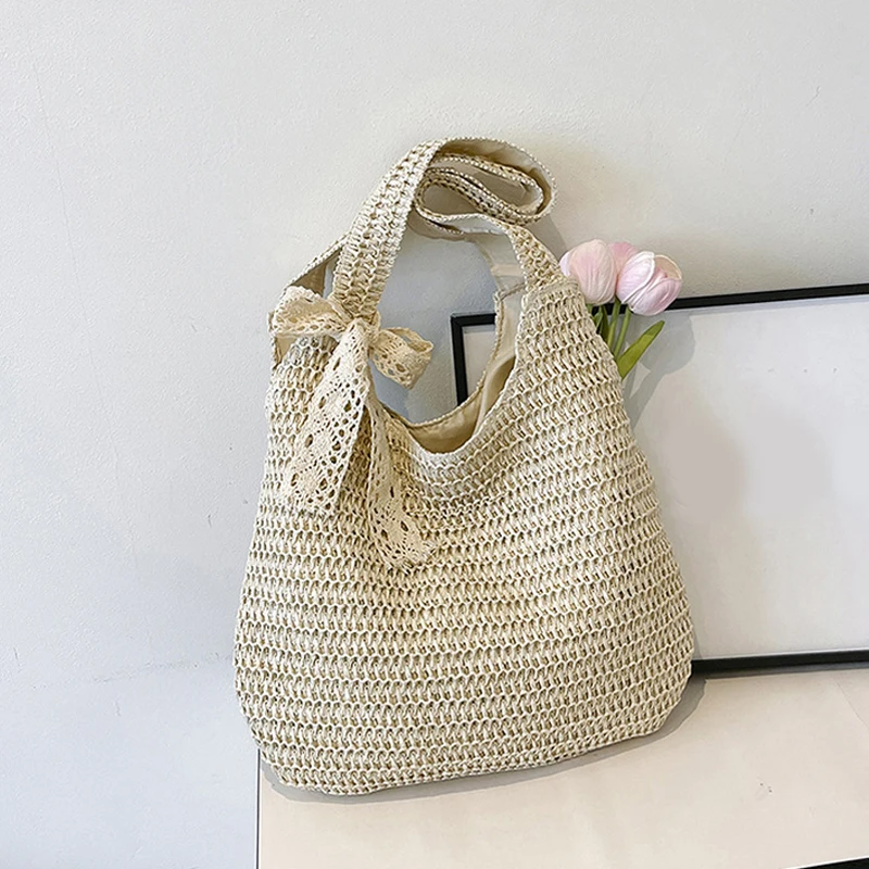 Rattanowa torba plażowa na ramię — duża i pojemna Beigeaddribbon