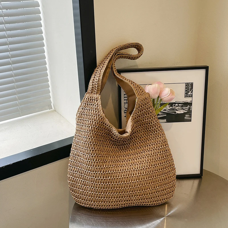 Rattanowa torba plażowa na ramię — duża i pojemna Khaki