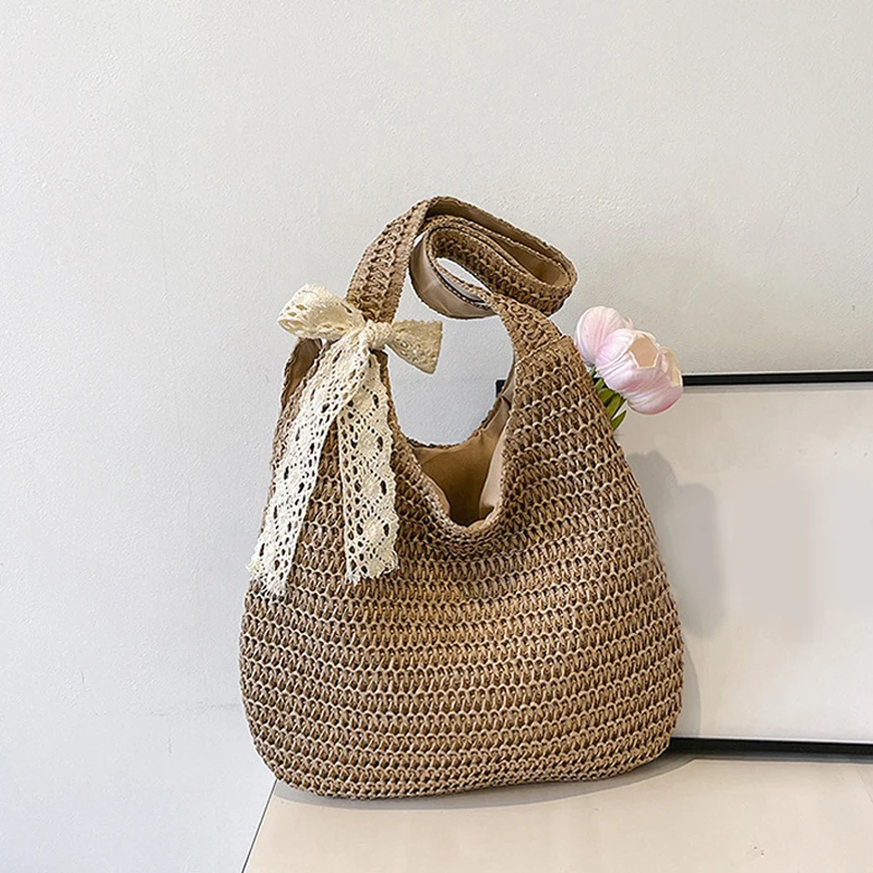 Rattanowa torba plażowa na ramię — duża i pojemna Khakiaddribbon