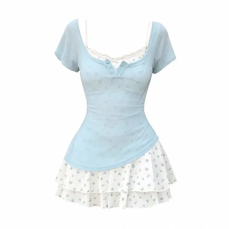 Retro komplet damski - bluzka Henley i spódniczka mini z falbanami Niebieski