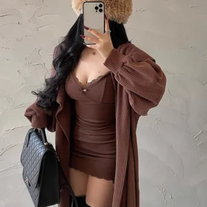 Retro koronkowa sukienka bodycon mini na ramiączkach Y2K czarna Ciemny brąz