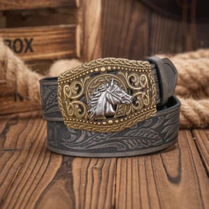 Retro pasek PU western z metalową klamrą casual unisex Szary