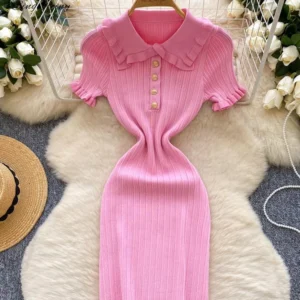 Retro sukienka dzianinowa bodycon z falbankami i kołnierzykiem SINGREINY Beżowy