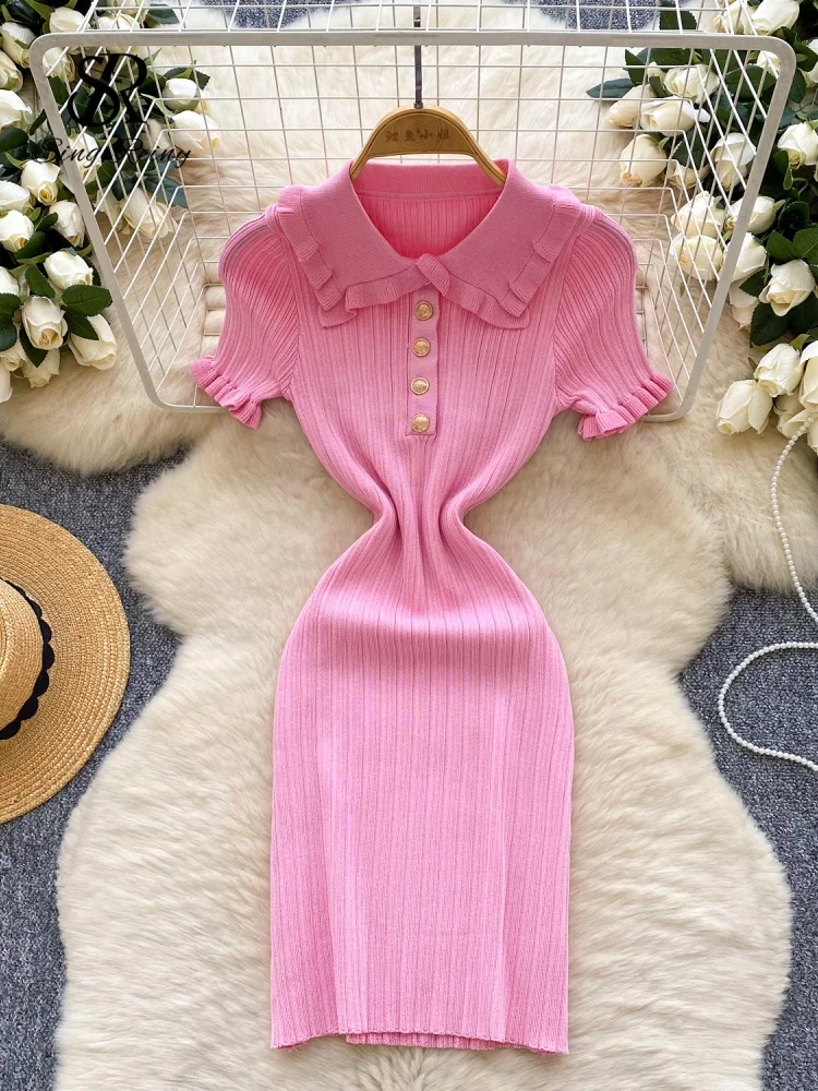 Retro sukienka dzianinowa bodycon z falbankami i kołnierzykiem SINGREINY Beżowy
