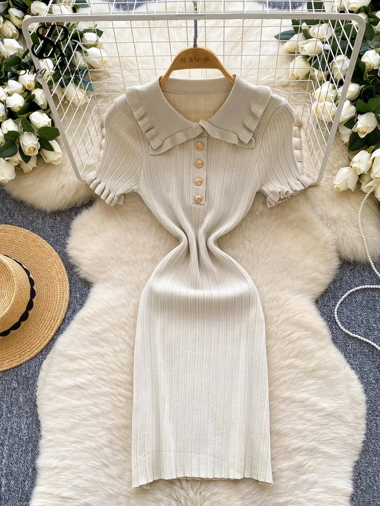 Retro sukienka dzianinowa bodycon z falbankami i kołnierzykiem SINGREINY Błękitny
