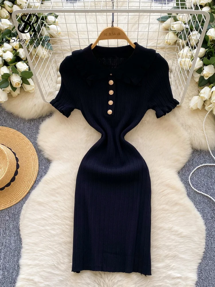 Retro sukienka dzianinowa bodycon z falbankami i kołnierzykiem SINGREINY Brązowy