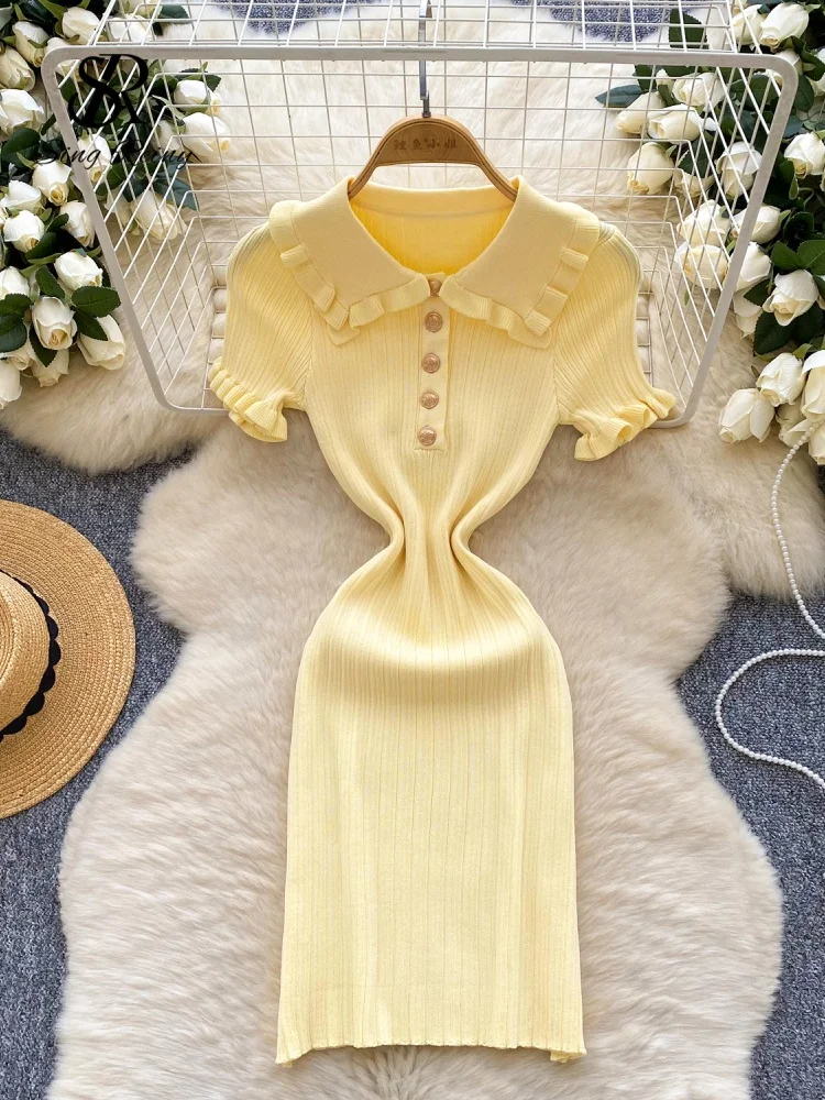 Retro sukienka dzianinowa bodycon z falbankami i kołnierzykiem SINGREINY Czarny
