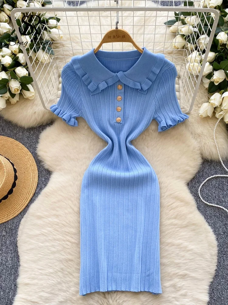 Retro sukienka dzianinowa bodycon z falbankami i kołnierzykiem SINGREINY Niebieski