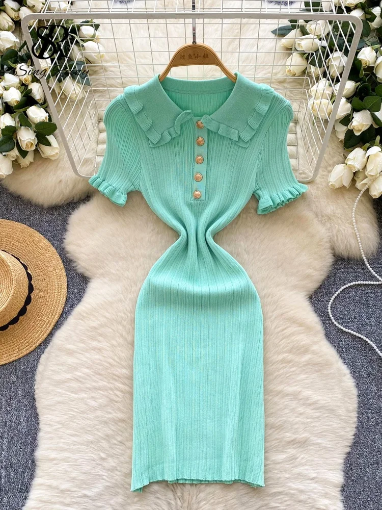 Retro sukienka dzianinowa bodycon z falbankami i kołnierzykiem SINGREINY Złoto