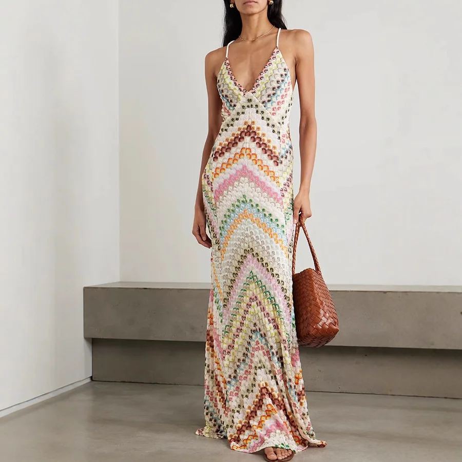 Retro sukienka maxi boho bez rękawów z głębokim dekoltem Wielo