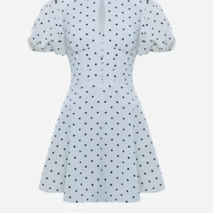 Retro sukienka mini w kropki z bufiastymi rękawami i stójką Biały