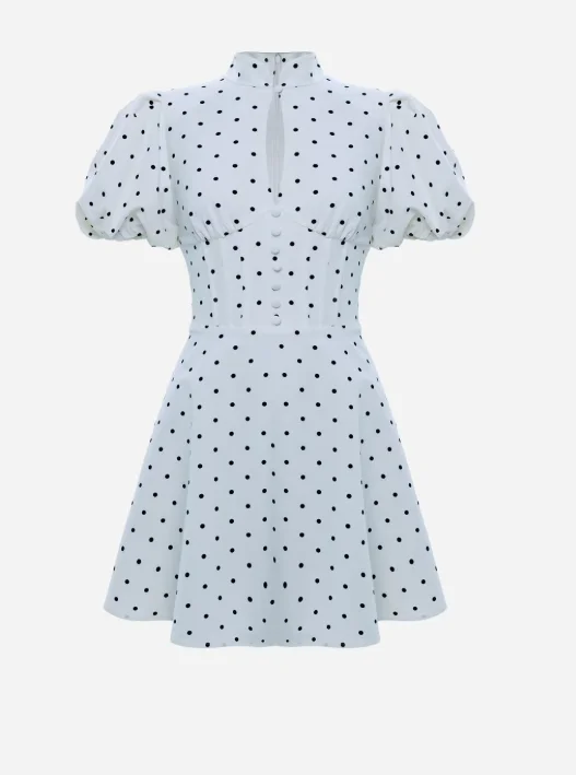Retro sukienka mini w kropki z bufiastymi rękawami i stójką Biały