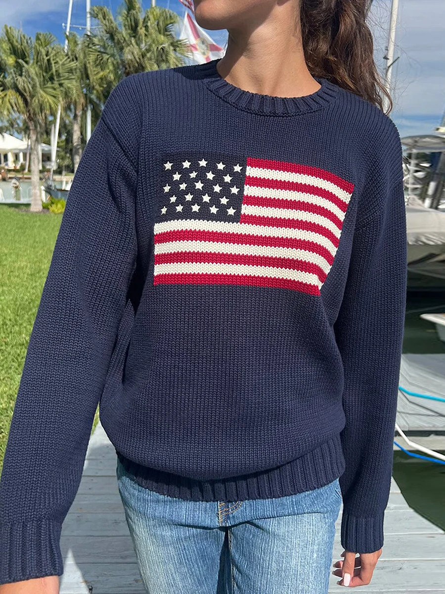 Retro sweter damski ze ściągaczem i luźnym krojem amerykański