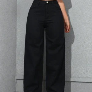 Retro szerokie jeansy damskie z wysokim stanem sprane streetwear Czarny