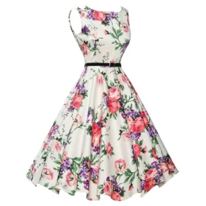 Rozkloszowana sukienka w kwiaty retro swing Różowy