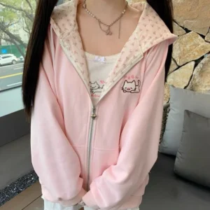 Różowa bluza kawaii z haftem i kapturem estetyka Y2K Różowy