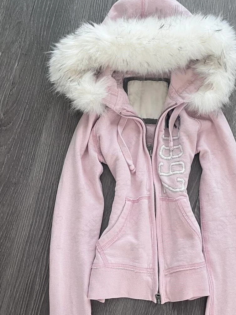 Różowa bluza kawaii Y2K na zamek w stylu punk Różowy