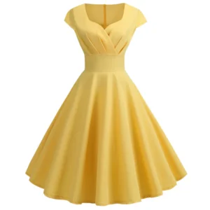 Różowa sukienka midi retro pin-up z dekoltem V żółty