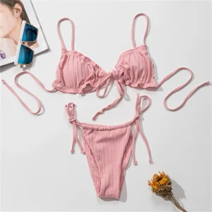 Różowe mikro bikini na ramiączkach z plisowaną górą Szary
