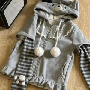 Rozpinana bluza z kapturem z kocimi uszami w paski Harajuku Szary