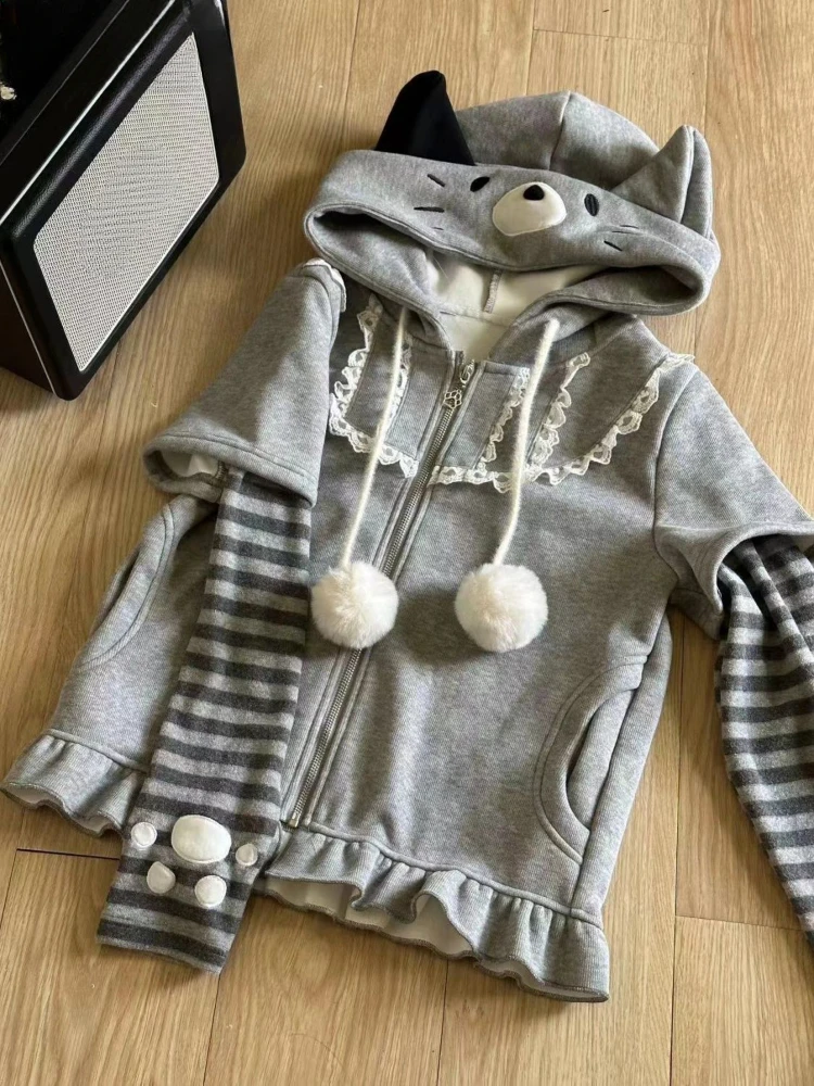 Rozpinana bluza z kapturem z kocimi uszami w paski Harajuku Szary