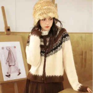 Rozpinany sweter z wełny alpaki w stylu nordyckim Beżowy