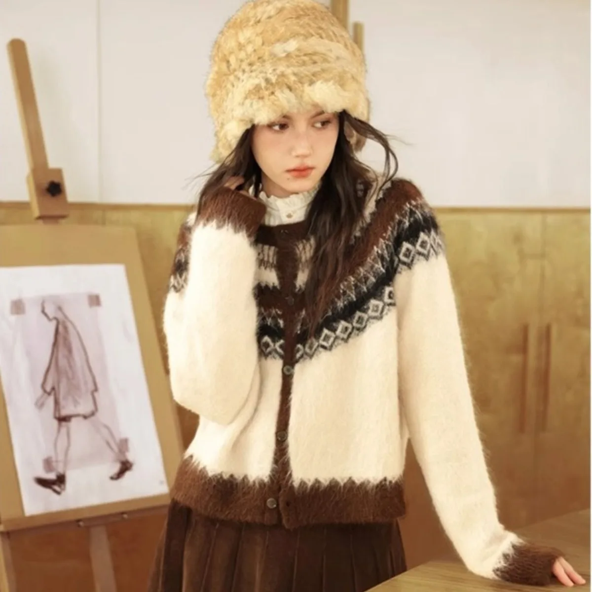 Rozpinany sweter z wełny alpaki w stylu nordyckim Beżowy
