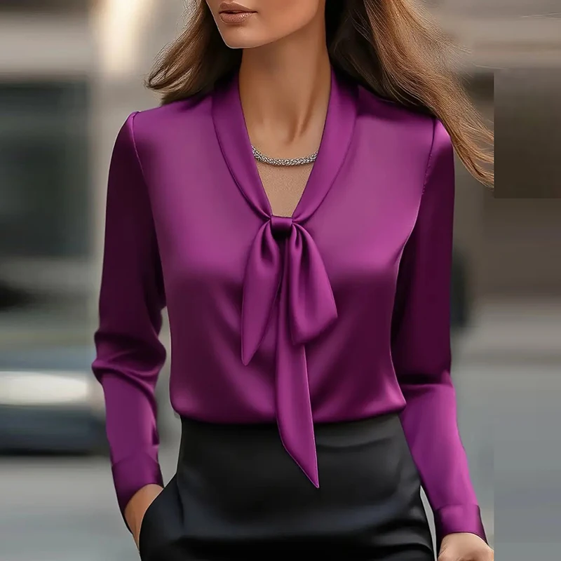 Satynowa bluzka damska elegancka z długim rękawem jedwabna Brązowy