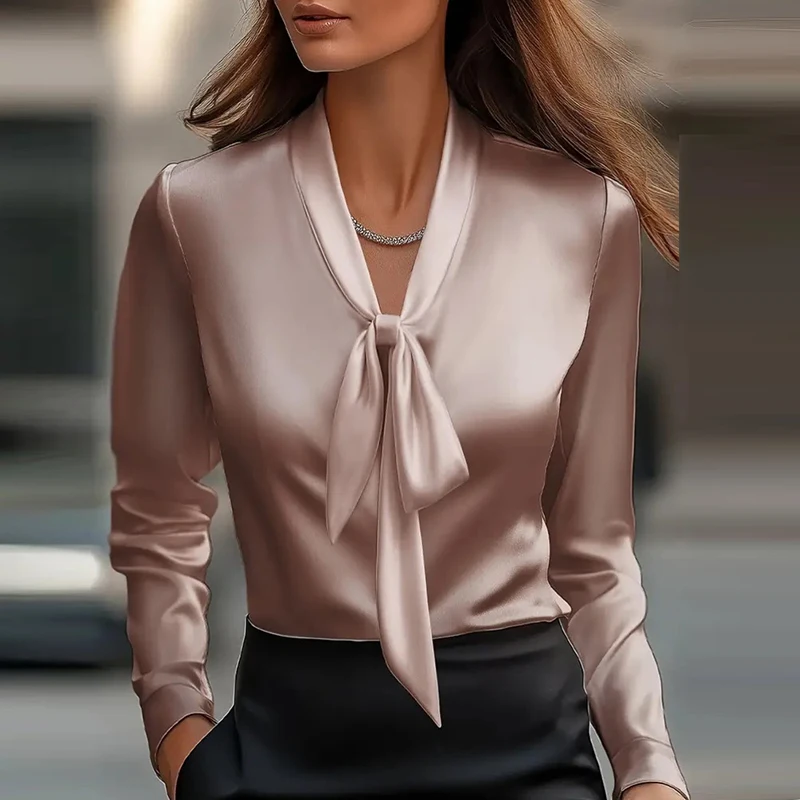 Satynowa bluzka damska elegancka z długim rękawem jedwabna Khaki