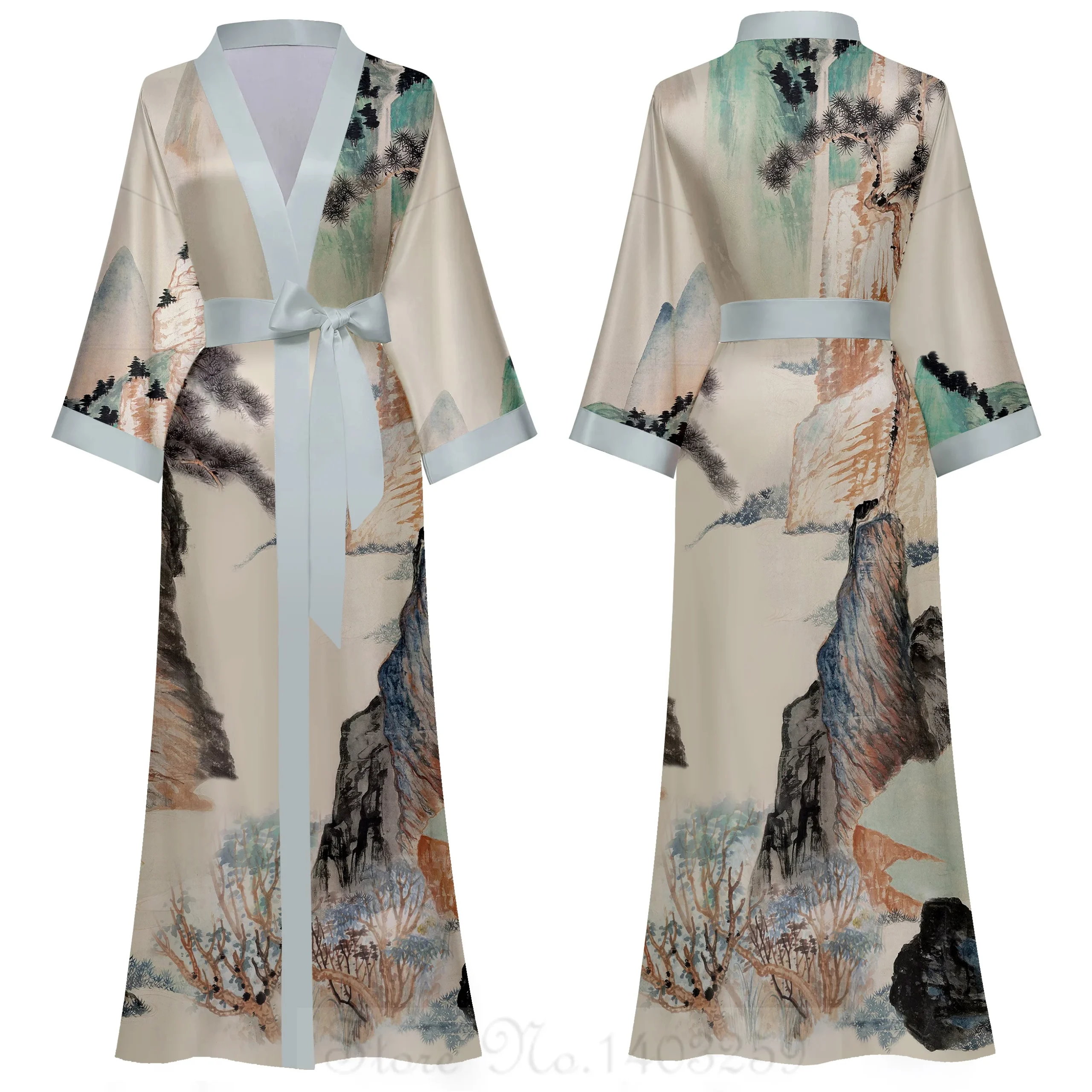 Satynowa długa koszula nocna kimono z nadrukiem Biały