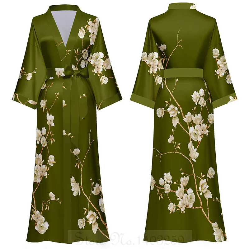 Satynowa długa koszula nocna kimono z nadrukiem Czerwony