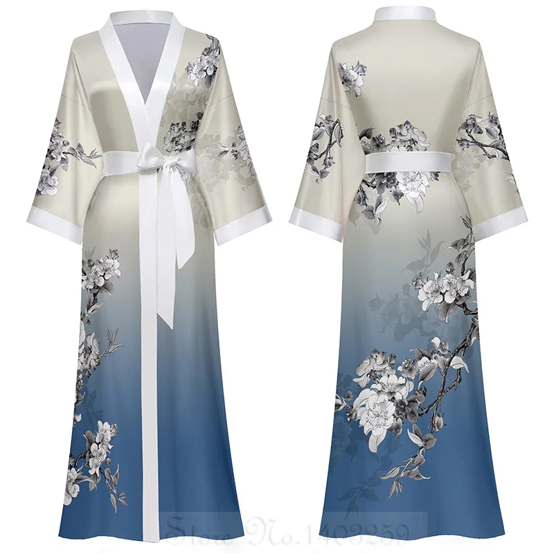 Satynowa długa koszula nocna kimono z nadrukiem Fioletowy
