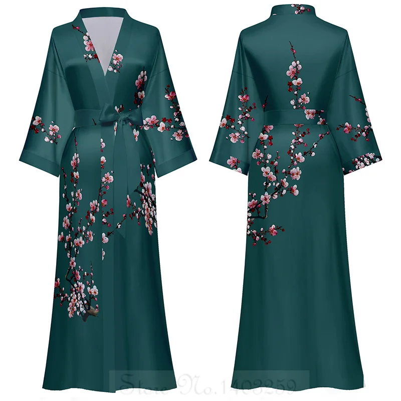 Satynowa długa koszula nocna kimono z nadrukiem Fuksja