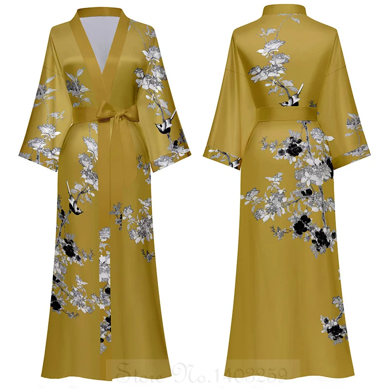 Satynowa długa koszula nocna kimono z nadrukiem Koralowa czerwona