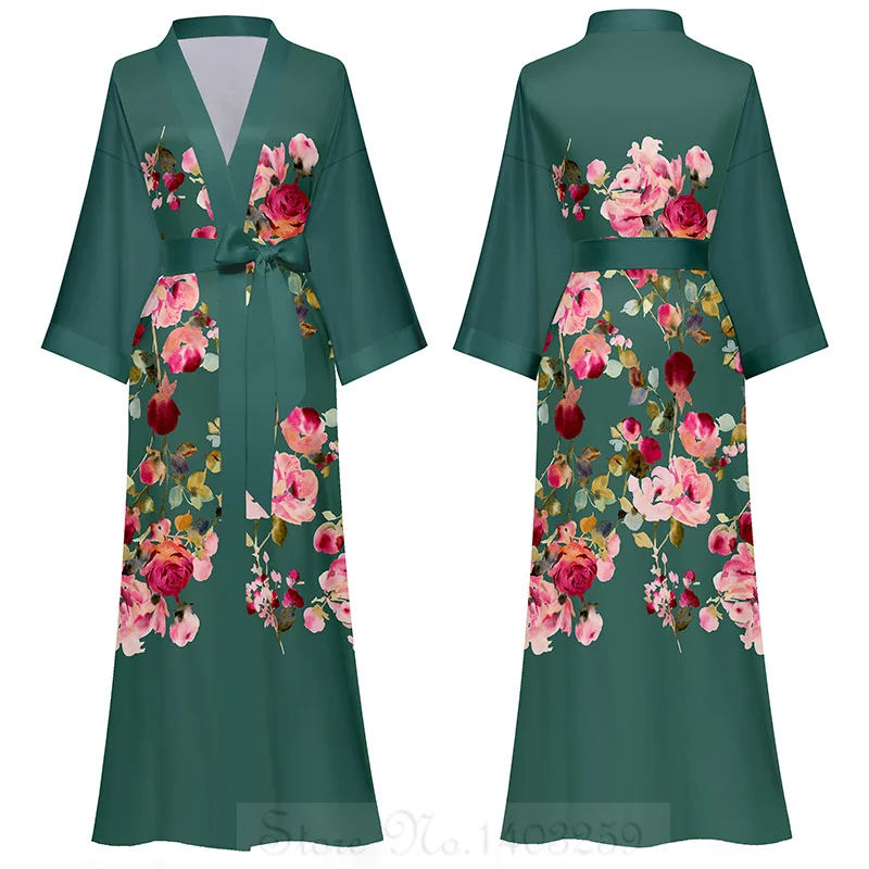 Satynowa długa koszula nocna kimono z nadrukiem Lawenda