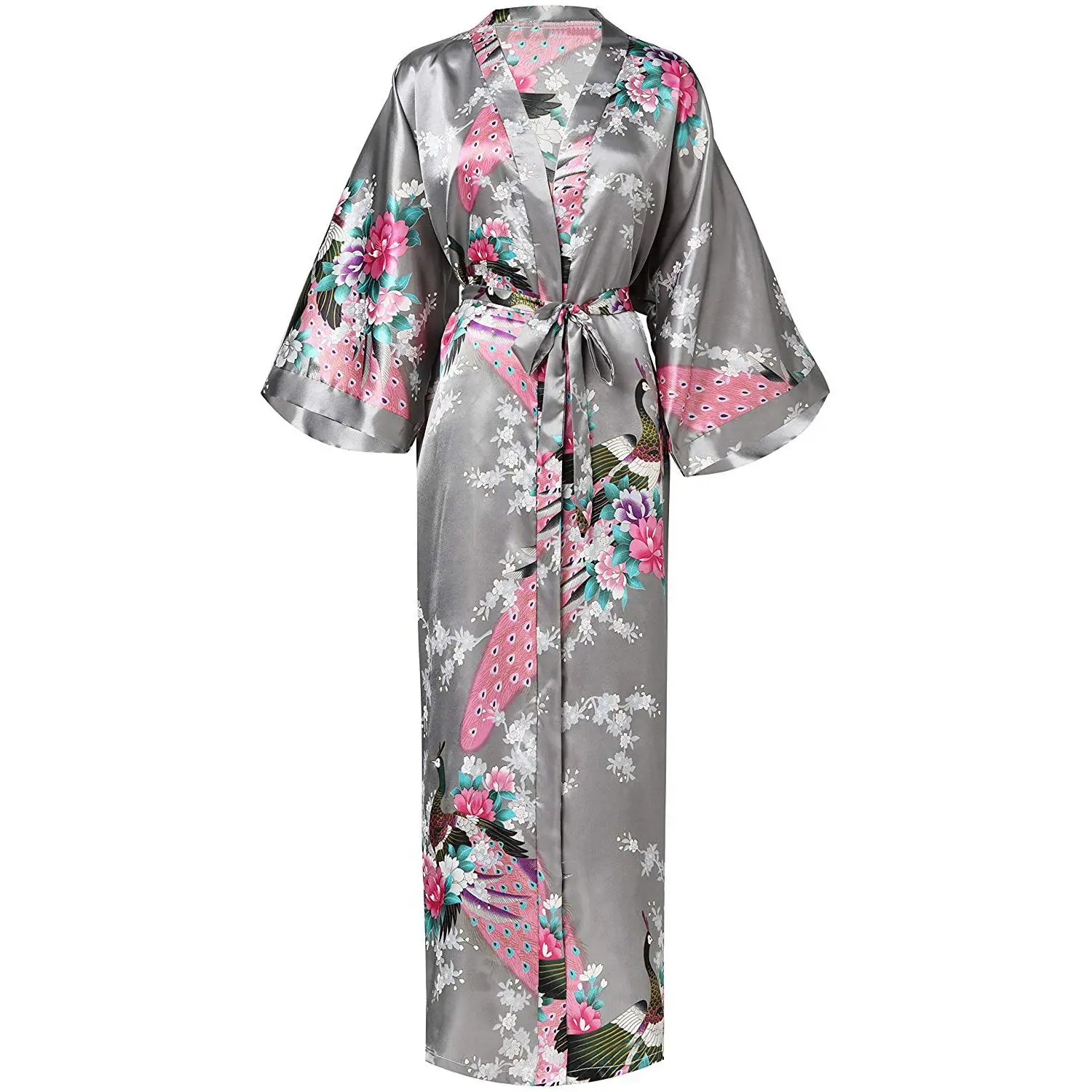 Satynowa długa koszula nocna kimono z nadrukiem Mięta