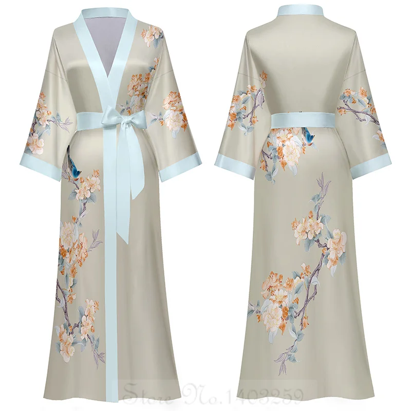 Satynowa długa koszula nocna kimono z nadrukiem Różowy